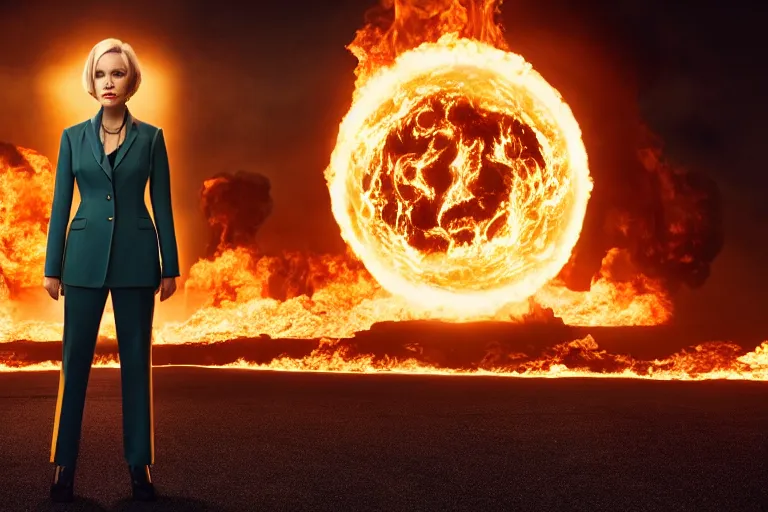 Image similar to a moody photograph of a confident caucasian woman in her 6 0's with short blonde hair wearing a tailored yellow suit standing against a backdrop of the planet earth engulfed in flames. photograph by annie leibowitz, cinematic lighting, sci fi, futuristic