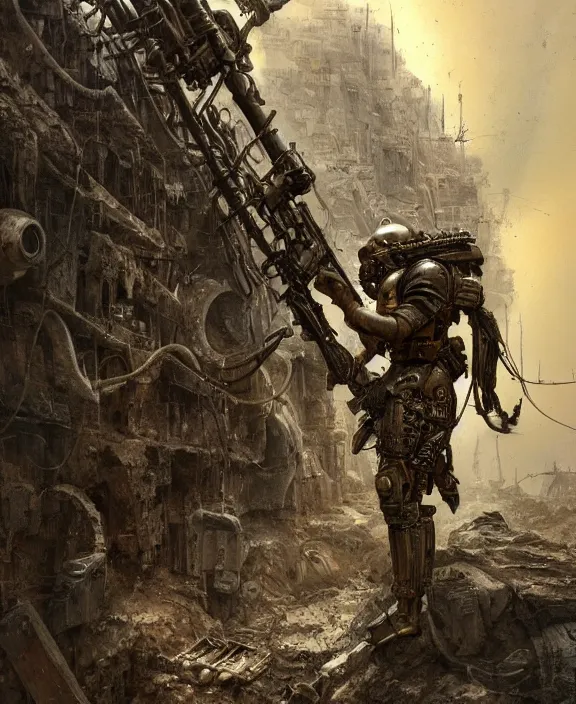 Image similar to a soldier in steampunk armour taking cover from artillery bombardment in a gritty trench, by HR Giger and Beksiński and Stephan Martiniere , 4k resolution, detailed, trending on artstation