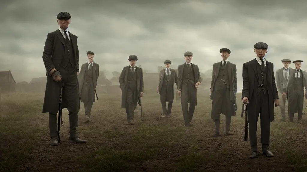 Image similar to the peaky blinders made out of peanuts, film still from the movie directed by denis villeneuve with art direction by zdzis