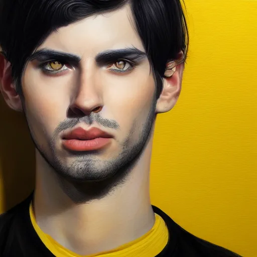 Prompt: ultra realistic illustration, man with black hair, in a checkered yellow and black shirt, with blue eyes, highly detailed, digital painting, artstation, concept art, smooth, sharp focus, illustration