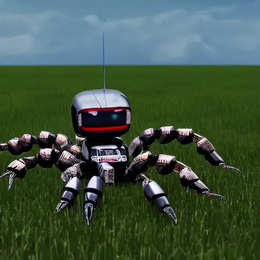 Prompt: a robot scorpion in a field surrounded by nanobots