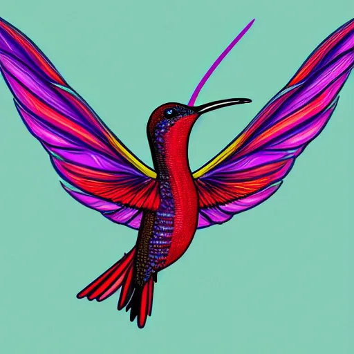 Prompt: frantic hummingbird phoenix zipping around, wanting to explore and investigate everything. it\'s curiosity is unbounded and unsatiable, digital art, trending on artstation, cartoon, stylized, rainbow feathers