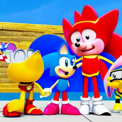 Image similar to sonic, peppa pig and the paw patrol crossover episode, cartoon network stillframe, good looking, hd, 4 k, hdr, smooth, sharp focus, high resolution, award - winning