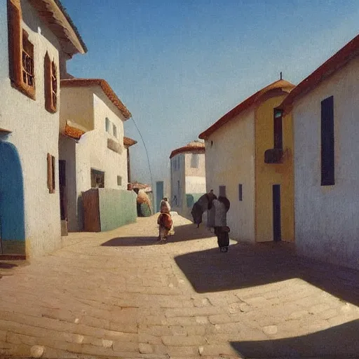 Image similar to a beautiful painting of a mediterranean fishing village in summer by peter ilsted, whitewashed housed, cypress trees, cyan shutters on windows, trending and featured on artstation and behance, people walking down a street