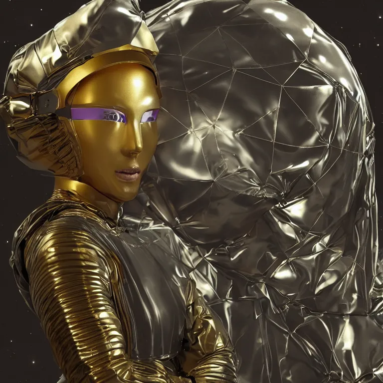 Image similar to octane render portrait by wayne barlow and carlo crivelli and glenn fabry, subject is a woman covered in folded aluminum foil space suit with a colorful metallic space helmet, floating inside a futuristic black and gold space station, cinema 4 d, ray traced lighting, very short depth of field, bokeh