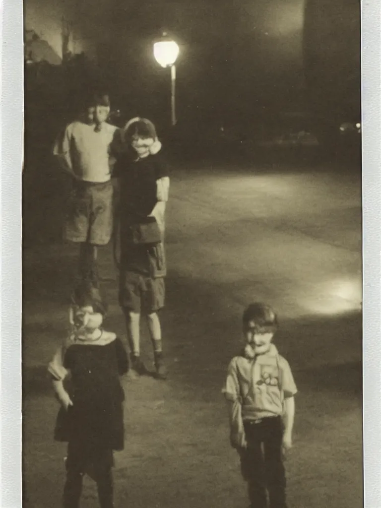 Image similar to two kids posing for a picture at night, small town, town square, dimly lit, faded polaroid