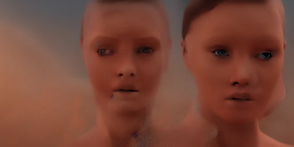 Image similar to realistic humanoid robot, mesh, skin, facial features, close up, desert background, shot by denis villeneuve, blade runner 2049 style, cinematic lighting