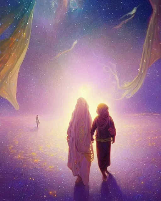 Image similar to bedouin man and woman and child in galaxy walking towards mosque surrounded by nebula, highly detailed, gold filigree, romantic storybook fantasy, soft cinematic lighting, award, disney concept art watercolor illustration by mandy jurgens and alphonse mucha and alena aenami, pastel color palette, featured on artstation