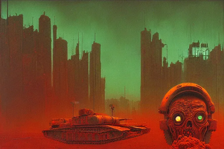 Image similar to glowing green alien crystals, polished green quartz surface irradiating radioactive zombie infested city, t - 9 0 tank, dark apocalyptic orange and red wasteland, beksinski