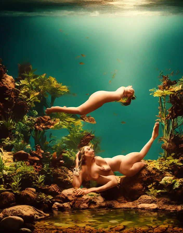 Image similar to a realistic photographic image of a siren floating in a little tropical aquarium in the middle of a desert, photographic style of Avedon, cinematic colors lighting, real ungine, volumetric lighting