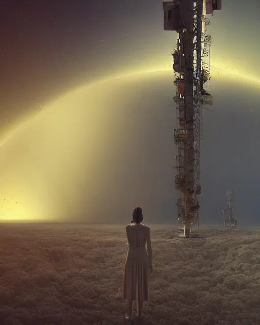 Image similar to a glowing female spirit of mother nature screams out in agony. drilling rigs bore into the earth in the background. wide shot, detailed, sharp, 8 k, award winning digital art by beeple.