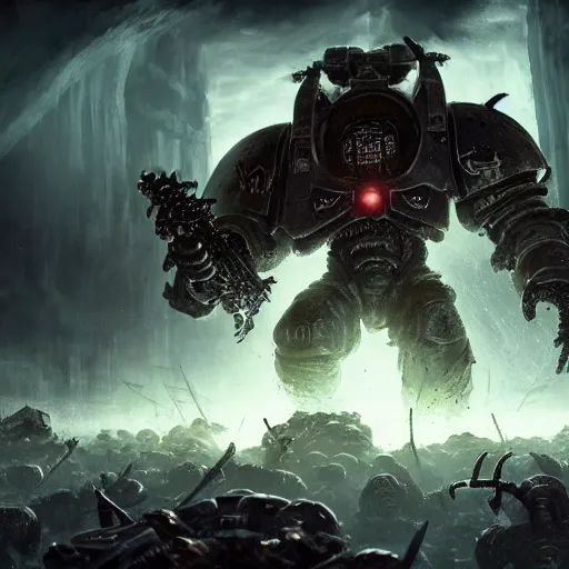 Prompt: a group of space marines battling against an eldritch abomination, high detail, warhammer, cinematic, high resolution, concept art, dark atmosphere, fog, trending, stunning shot