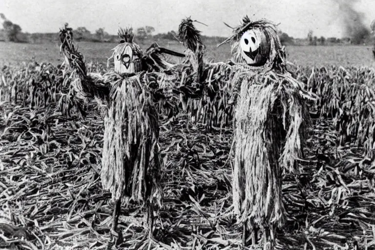 Image similar to horrifying scarecrow from the early 1 9 0 0's burning down the cornfields