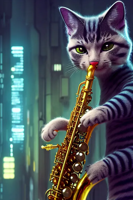 Image similar to high quality 3 d render very cute cyborg cat plays saxophone, cyberpunk highly detailed, unreal engine cinematic smooth, in the style of blade runner & pixar, hannah yata charlie immer, moody light, low angle, uhd 8 k, sharp focus