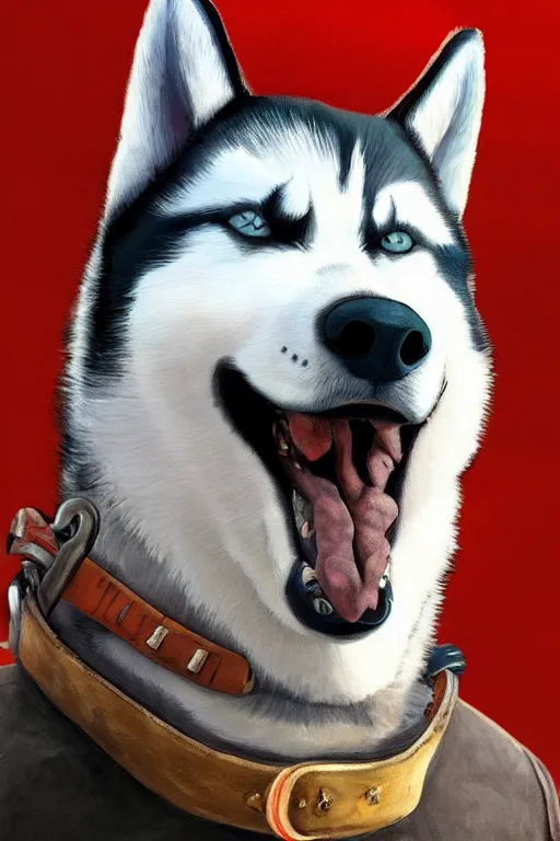 Image similar to a portrait painting of a husky in cowboy costume, wearing a cowboy hat, by [ studio ghibli ], [ western film ], [ red dead ], trending on artstation