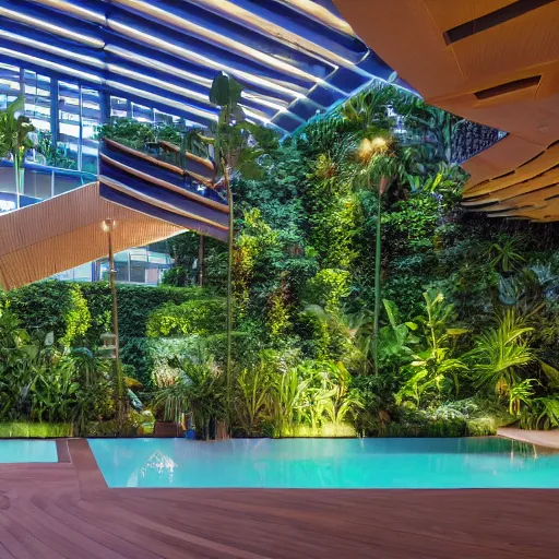 Prompt: The atrium of a refurbished contemporary building filled with tropical plants and lush swimming pool, project by Kengo Kuma, blue hour, 4k