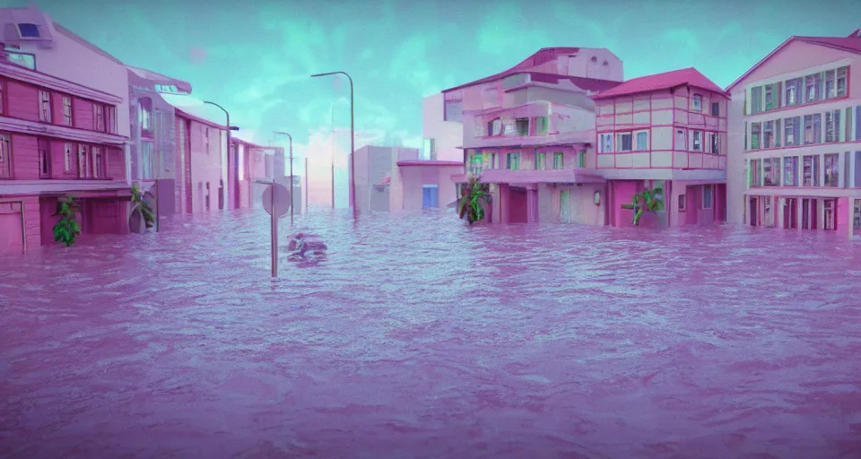 Prompt: 80s vaporwave outrun 3d Render of a german town being flooded, liminal space retro, grainy, noisy, early 90s cgi