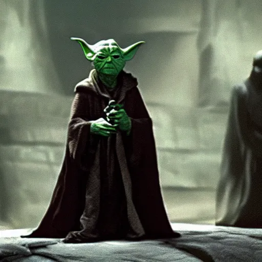 Image similar to A film still of Yoda as a sith lord wearing dark attire realistic,detailed