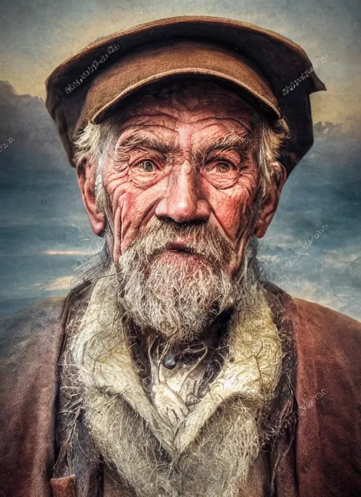 Image similar to realistic renderings portrait of very old fisher man portrait with a hat, port scene background, astonishing scenes, detailed, photorealism, volumetric lighting, autumn lights colors