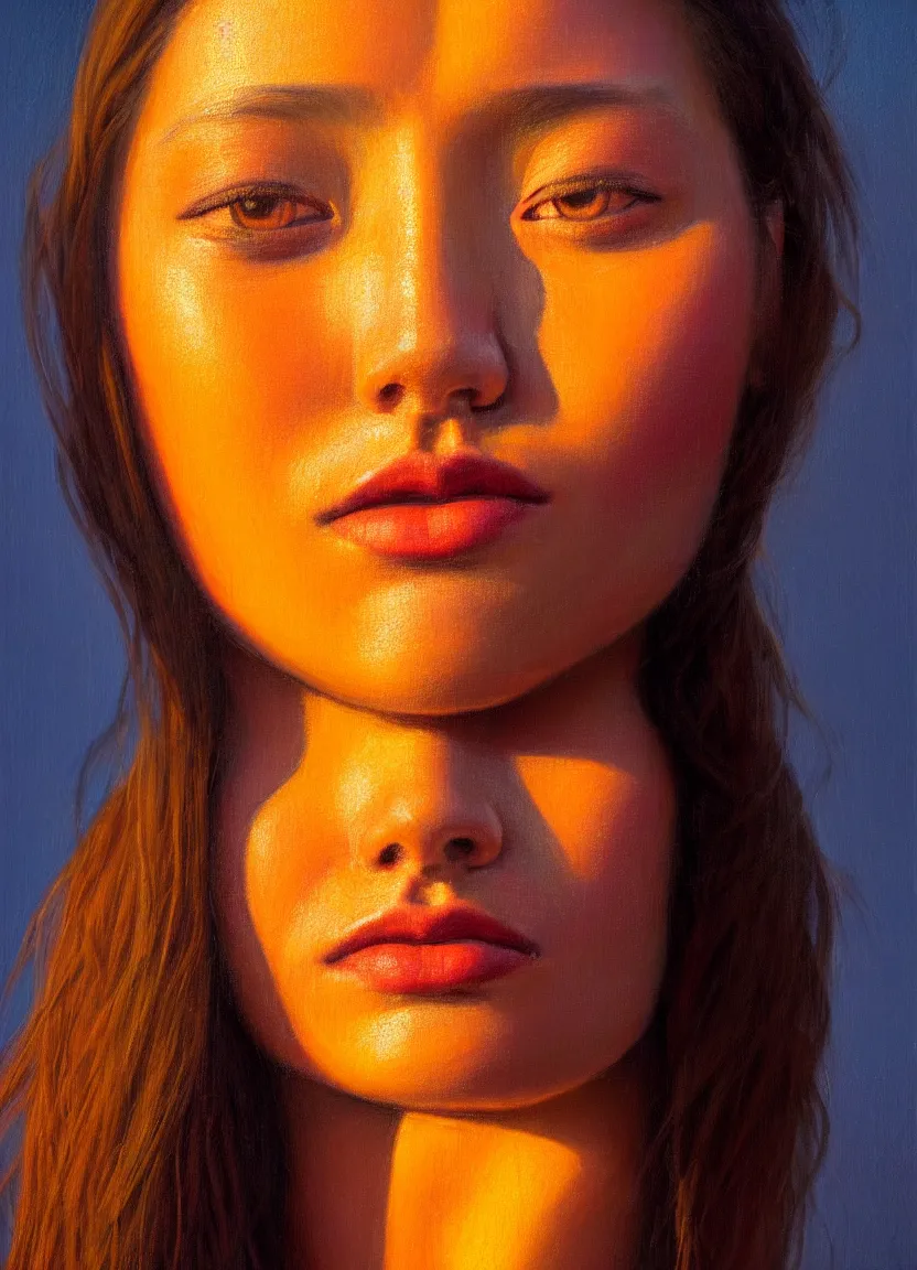 Image similar to a face portrait of a beautiful girl enjoying the warm sunlight, aztec setting, close - shot, symmetrical face, warm colors, soft lighting, atmospheric, cinematic, moody, in the style of diego koi, gina heyer, luiz escanuela, art by alyssa monk, hyperrealism, rule of thirds, golden ratio, oil on canvas, 8 k