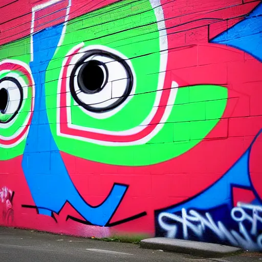 Image similar to wall with graffiti of man with one eye made with colored circles and lines, by Julien Durix