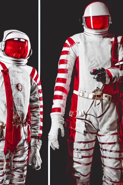 Prompt: a photography of red and white space suits designed for knights templar, golden linings, photo shoot, by annie leibovitz, sigma 85mm 1.4, glows, sharp, high contrast, octane render