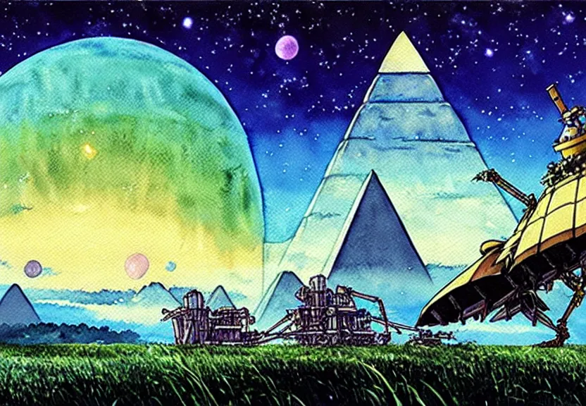 Image similar to a hyperrealist watercolor concept art from a studio ghibli film showing a giant mechanized crocodile from howl's moving castle ( 2 0 0 4 ). a pyramid is under construction in the background, in the rainforest on a misty and starry night. a ufo is in the sky. by studio ghibli