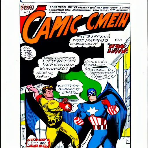 Prompt: comic book pane of Captain America, arresting the Batman, silver age of comics, Jack kirby illustration