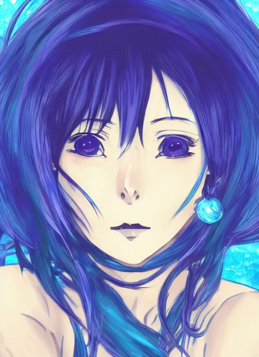 Image similar to a woman with blue hair sitting underwater, a beautiful anime drawing by yuumei, featured on pixiv, rayonism, pixiv, seapunk, very anime anime!! detailed