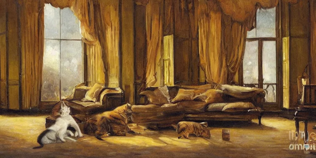 Image similar to brown cat with yellow eyes is sitting at sofa in a draw room at paris in early 2 0 th century. big room, high ceiling, high windows, atmospheric feeling, warm colours, brown colours, yellow colours, epic scene, cinematic, very detailed, hyperrealistic painting style