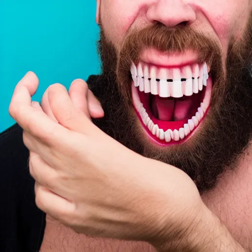 Image similar to hat with eyes mouth and teeth biting onto the top of a man's head, man is shouting in pain, funny professional photo