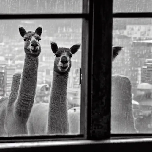 Prompt: <photograph accurate=true quality=very-high>looking out the window at a busy city street</photograph><weather>raining</weather><photobomb>alpaca</photobomb>