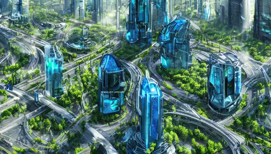 Prompt: futuristic berlin with blue glass skyscrapers, highways, green alley, trees, ecological city, hyperdetailed, artstation, cgsociety, 8 k