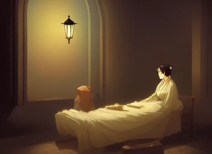 Image similar to 1 8 5 4 crimea, florence nightingale holding lamp, army hospital in scutari at night, wounded patients in beds on both sides of hospital ward, finely detailed perfect art, painted by greg rutkowski makoto shinkai takashi takeuchi studio ghibli