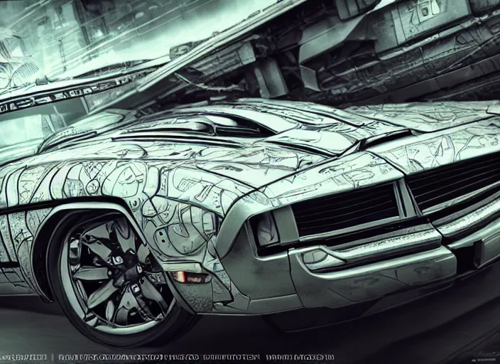 Image similar to cartoon illustration of a muscle car in full intricate detail, ultra detailed, realistic digital art, octane render, 4K, dystopian, micro details