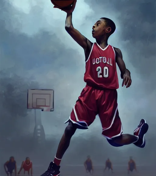 Image similar to portrait of a boy at a basketball court playing basketball wearing a basketball uniform in a basketball court, poised, intense emotion, detailed facial expression, detailed surroundings, intricate, elegant, highly detailed, centered, digital painting, artstation, concept art, smooth, sharp focus, illustration, by Peter Mohrbacher, WLOP