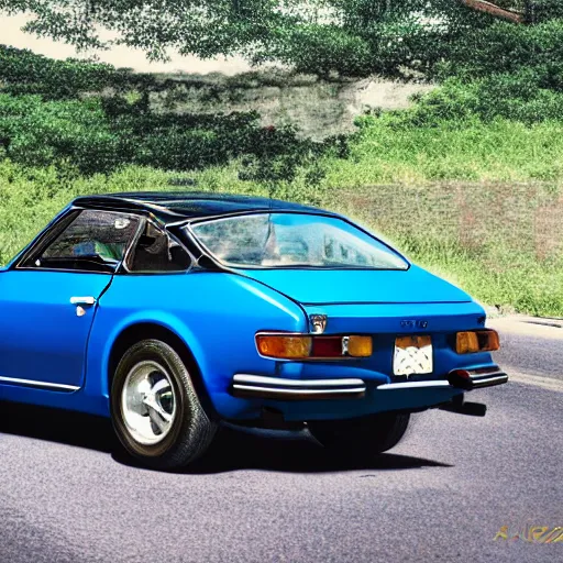 Prompt: a photorealistic image of a blue 1975 Datsun 260Z