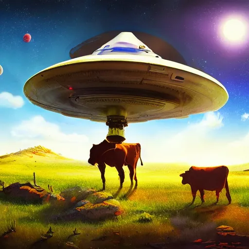 Image similar to ufo over the cow, Bright colors, fantastic landscape, hyperrealism, no blur, 4k resolution, ultra detailed, style of Anton Fadeev, Ivan Shishkin, John Berkey