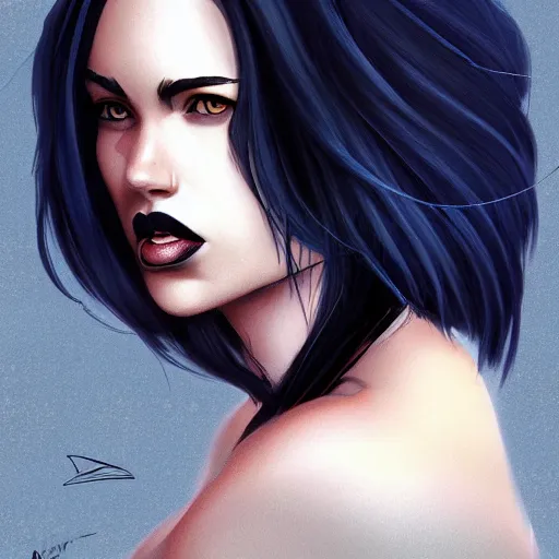 Image similar to a stunning upper body portrait of a beautiful woman with navy blue tinted black hair blowing in the wind by marvel comics, digital art, trending on artstation