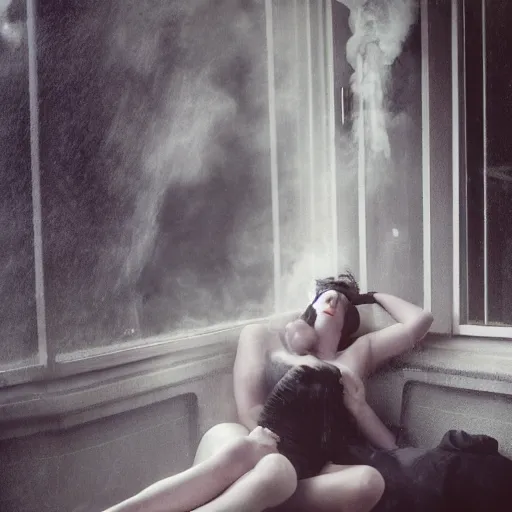 Prompt: a woman, moment, 1 9 3 0 s decopunk penthouse balcony, rain and smoke, tech noir, wet skin, atmospheric, ambient, rupert everton, alexis flower, hopper, wlop, livia prima,