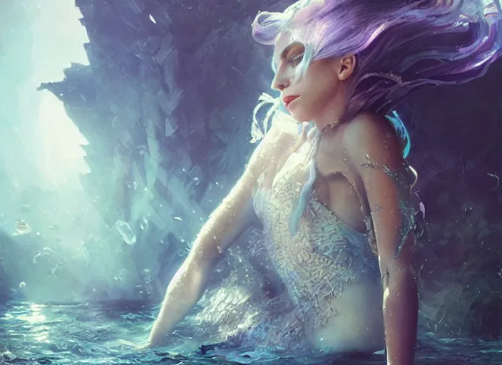 Image similar to lady gaga as a mermaid, intricate, sharp focus, lens flare, bloom, illustration, highly detailed, digital painting, concept art, matte, art by ruan jia and wlop and greg rutkowski