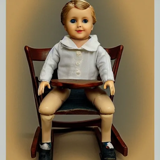 Prompt: Porcelain doll Ryan gosling sits on a rocking chair, realism, proportions,