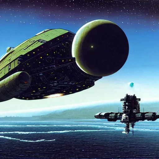 Image similar to scout spaceship with 100-ton hull used for exploration survey and courier duties, peter elson, chris foss