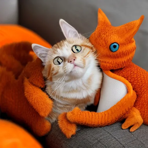 Image similar to tiny dragon snuggling orange tabby cat, orange tabby hugging tiny dragon