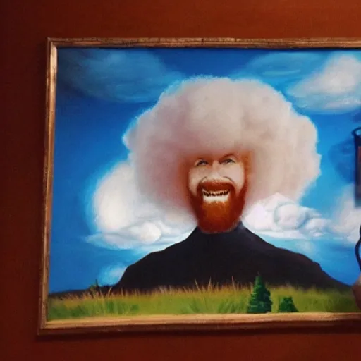 Image similar to nuclear mushroom cloud in shape of bob ross self portrait