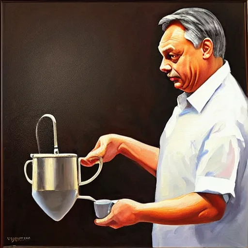 Image similar to viktor orban making drip coffee, oil painting