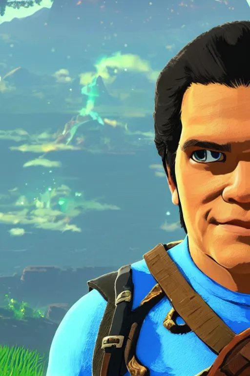 Image similar to an in game portrait of reggie fils aime from the legend of zelda breath of the wild, breath of the wild art style.