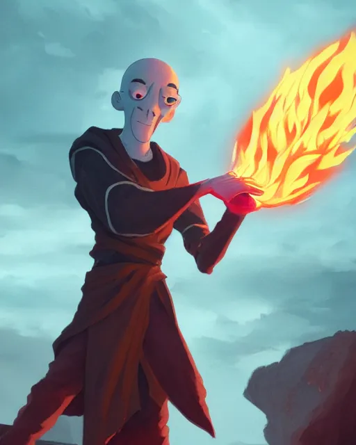 Image similar to squidward wearing fire nation clothing and practicing firebending outside at susnset, [ [ [ [ [ [ greg rutkowski ] ] ] ] ] ]