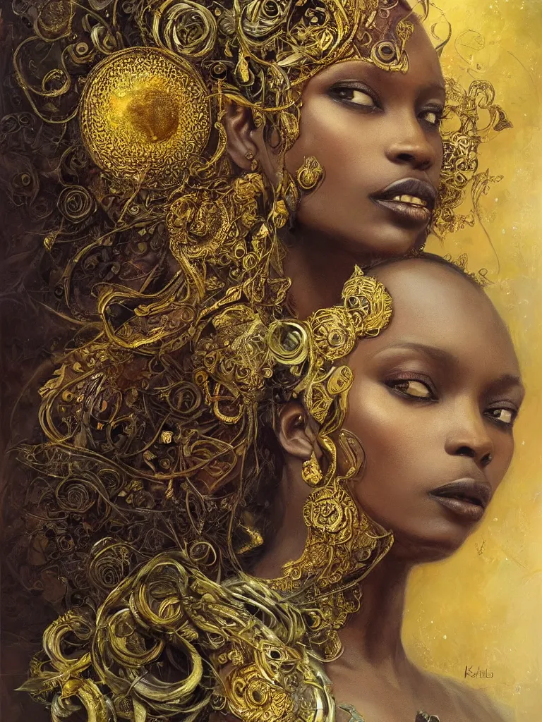 Prompt: Queen, African woman, flowers, dark pastel color scheme, jugendstil background, gold filigree, by karol bak, by emil melmoth, by Daniel Gerhartz, intricate, highly detailed, digital painting, artstation, concept art, smooth, sharp focus, illustration