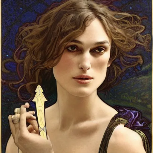 Image similar to keira knightley portrait by louis - theophile hingre and alphonse mucha, realistic, sharp focus, zodiac signs, tarot cards, planets, ethereal, art nouveau, magic, moon, sun, crown, dreamy, royal, jewellery